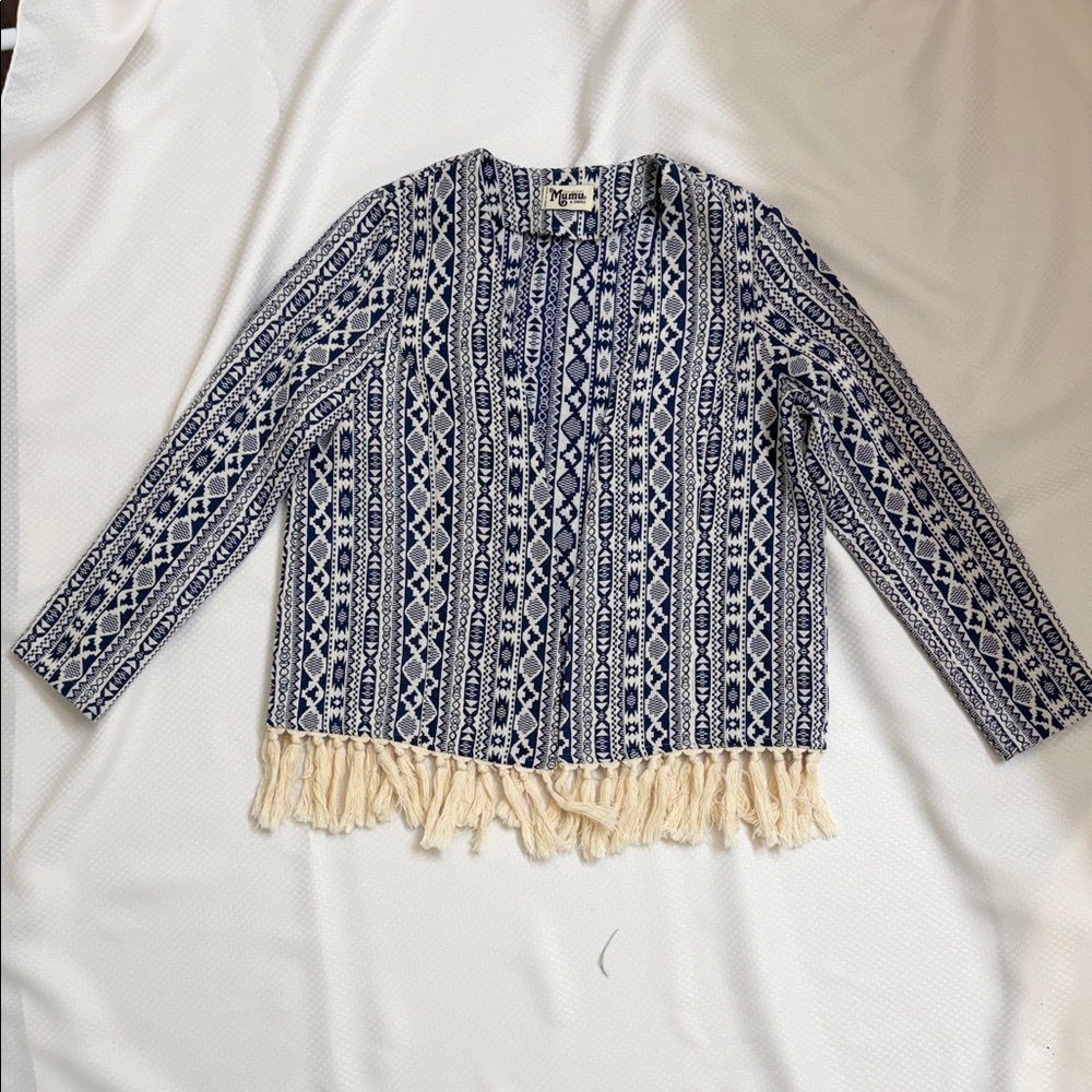 Show Me Your MuMu Navy and White BOHO Jacket Beverly Tassel Jacket Size XS